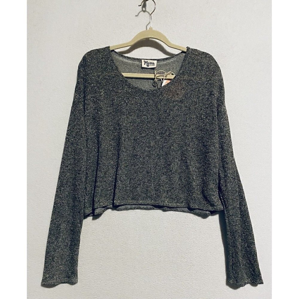 Show Me Your Mumu Sweater Womens XL Gray Cropped Lightweight Gold Metallic Boho